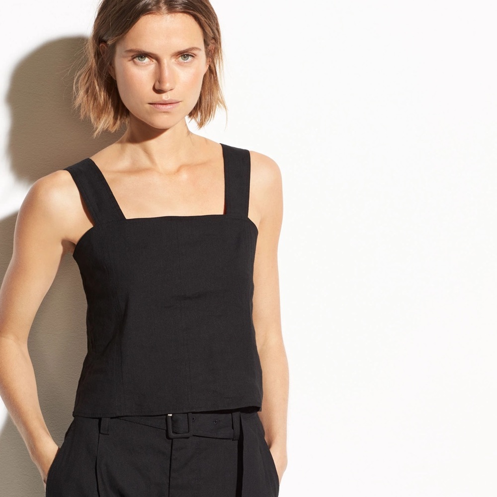 VINCE. Cropped Wide Strap Linen Blend Tank